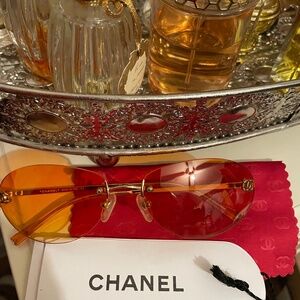 Authentic Chanel CC Logo Rimless Sunglasses Y2K Orange Lenses Chanel Boutique